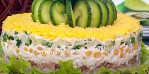 Salata bakala jetre sa slojevima kukuruza i krastavca