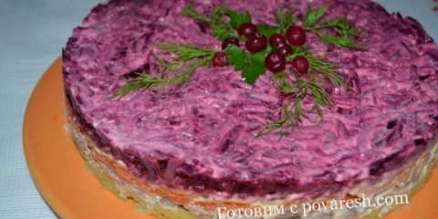 Salata sankanje pod krznenim kaputom bez jaja i luka (korak po korak recept)